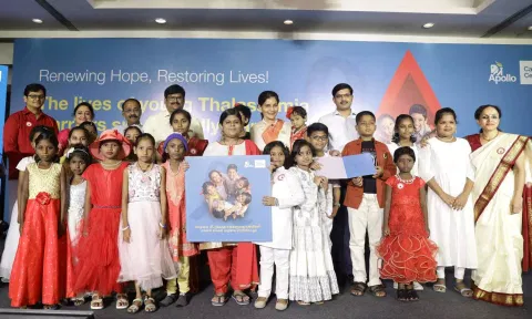 Young Thalassemia Warriors with Shri M Govinda Rao IAS - Project Director, Tamil Nadu Health System Project, Dr Ravi Babu, Joint Director - Director of Medical Services – CMCHIS Tamil Nadu Government, District Revenue Officer Mr. Mohan Chandran and Dr Preetha Reddy - Executive Vice Chairperson, Apollo Hospitals Enterprise Limited.
