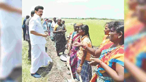 Chief Minister MK Stalin receiving petitions from MGNREGS workers in Lalgudi, Tiruchy district on Friday