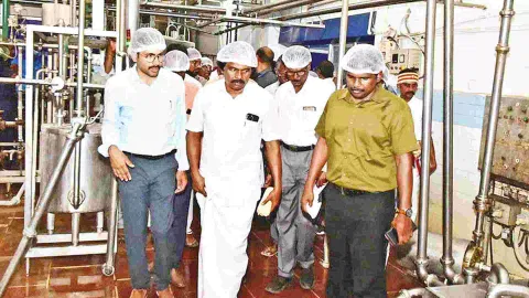 Minister T Mano Thangaraj inspecting the Aavin plant in Tiruchy on Wednesday