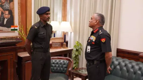 General Manoj Pande commended and felicitated Sepoy Navaneetha Krishnan D for his gallant & selfless humane act of saving the life of a girl