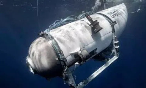 The Titan submersible, operated by OceanGate Expeditions to explore the wreckage of the sunken Titanic off the coast of Newfoundland, dives in an undated photograph. (Reuters) 