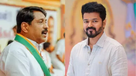  BJP legislative party leader Nainar Nagendran (L) and actor Vijay (R)