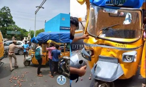 Cop moving the vehicle to clear the traffic; the damaged auto. Akshay Kumar