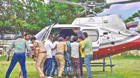 An injured person being airlifted to AIIMS Rishikesh after an accident at a power transformer at a Namami Gange site on the banks of the Alaknanda, in Chamoli district