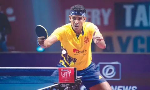 Sharath Kamal in action against Harmeet Desai