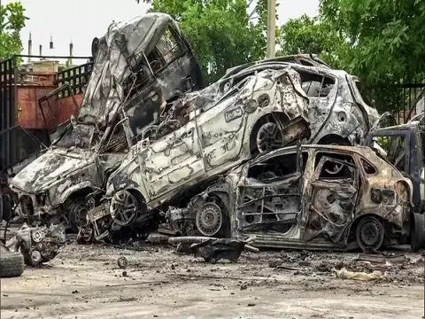 Vehicles torched by rioters during clash in Haryana's Nuh. (ANI)