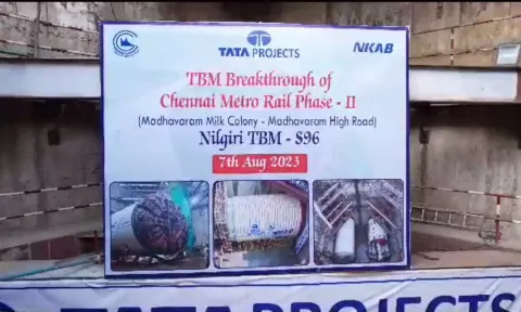TBM named Nilgiri (S-96) in corridor 3 of phase 2 metro rail construction had a breakthrough at Madhavaram High Road 