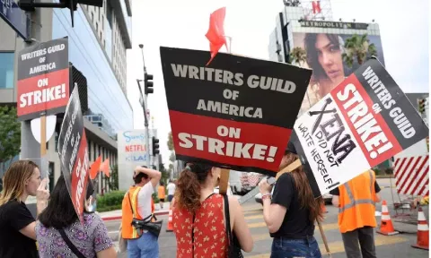  Writers Guild of America (WGA) ongoing strike outside Sunset Bronson studios and Netflix offices in Los Angeles (Reuters)