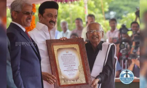 TN CM Stalin awarding ‘Thagaisal Thamizhar’ award to K Veeramani during the Independence Day celebrations at Fort St George, Chennai. (Hemanathan M)