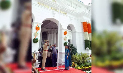 Chennai Mayor R Priya unfurls the national flag at Ripon Building on Independence Day, 