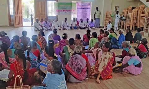 A gram sabha meet in progress at Marungapallam village panchayat in Thanjavur on Tuesday