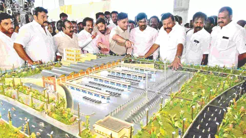 Minister KN Nehru inspects the ongoing works for the bus terminal in Tiruchy on Friday