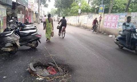 The pothole seen on Oil Mill Road in Iyyapanthangal