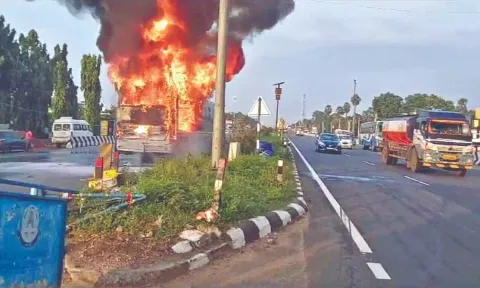 The bus caught fire near Chambarambakkam Friday early morning.