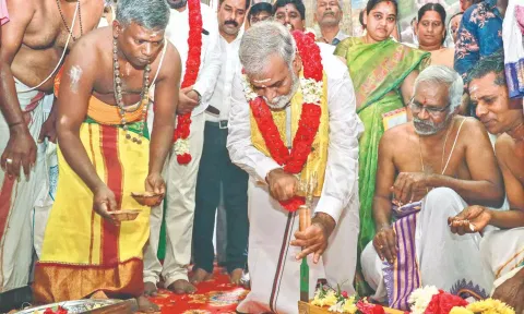HR&CE Minister PK Sekarbabu inaugurating the work for the gold chariot on Wednesday