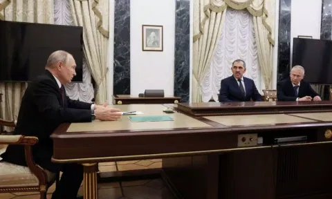 Russian President Vladimir Putin meets with senior former commander of the Wagner mercenary group Andrei Troshev and Deputy Defence Minister Yunus-Bek Yevkurov in Moscow, Russia. Reuters