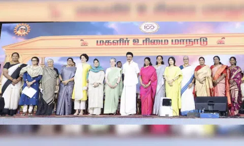 Prominent women leaders of the INDIA bloc with TN CM M K Stalin at the DMK Women's Rights Conference.