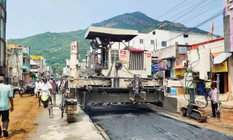 Concrete stretch being laid by equipment brought from Madhya Pradesh in Tiruvannamalai 