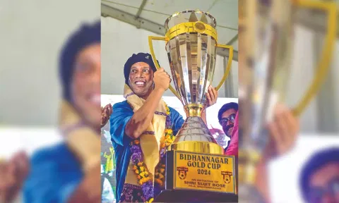 Ronaldinho during his visit to Sree Bhumi Sporting Club on Monday.