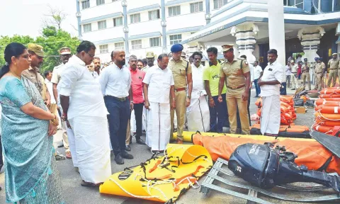 Minster S Regupathy inspecting equipment kept for tackling monsoon in Nagapattinam on Thursday.