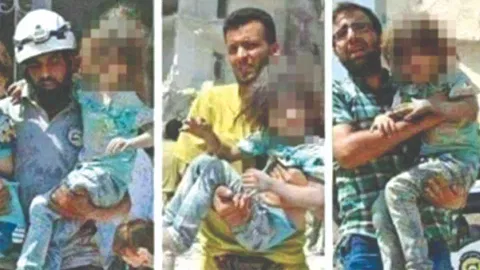 Three photos depicting a shell-shocked, purportedly Palestinian girl covered in debris being rescued by three different persons 