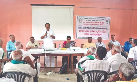 Vellore Sugar Mill Chairman Anandan speaks to farmers