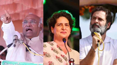 Congress President Mallikarjun Kharge, party leaders Rahul Gandhi and Priyanka Gandhi Vadra 