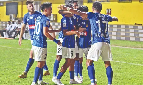 Inter Kashi players celebrate their win against Churchill Brothers FC