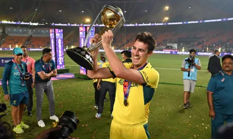 Australia captain Pat Cummins lifting the World Cup trophy. (PTI)