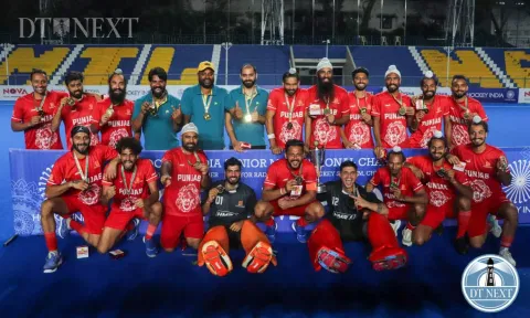 Punjab team celebrates after winning the 13th Hockey India Senior Men’s National Championship 2023 at the Mayor Radhakrishnan Stadium, in Chennai. (Photo credit: Hemanathan M)
