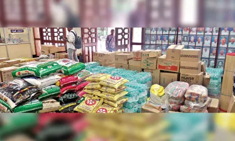 Relief materials kept at Vellore Collectorate on Thursday