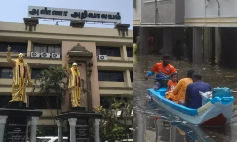 Anna Arivalayam; People being rescued in fishing boats in Thoraipakkam. (Photo credit: Justin George)