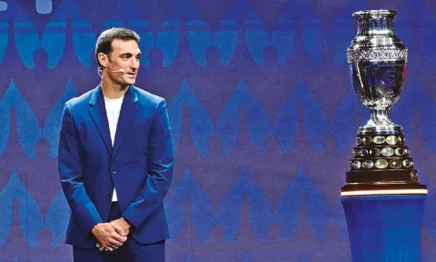 Argentina’s coach Lionel Scaloni onstage during the Copa America final draw in Miami