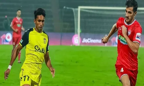 Hyderabad FC and NorthEast United FC in action