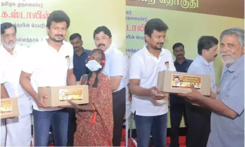 Udhayanidhi providing relief materials. Daily Thanthi