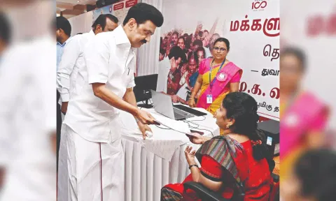 CM MK Stalin receiving a petition as part of ‘Makkaludan Mudhalvar’ scheme in Coimbatore on Monday.