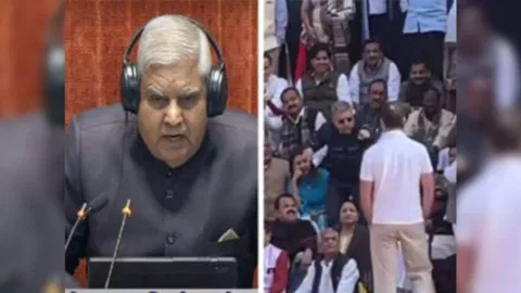Rajya Sabha Chairman Dhankhar and visuals during the opposition protest (ANI)