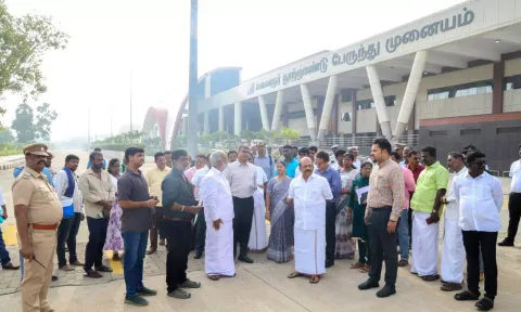 CMDA Minister P K Sekarbabu inspecting Kilambakkam bus stand along with MSME Minister TM Anbarasan.