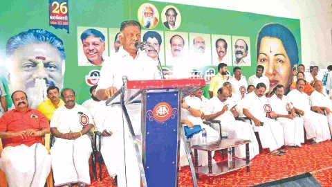 Expelled AIADMK leader O Panneerselvam addressing supporters in Coimbatore on Tuesday