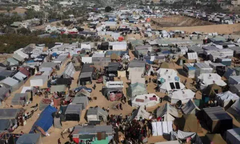 Displaced Palestinians shelter in a tent camp in Rafah, southern Gaza Strip (Reuters)