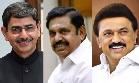 (From left) TN Governor RN Ravi, AIADMK General Secretary EPS, and TN CM MK Stalin.