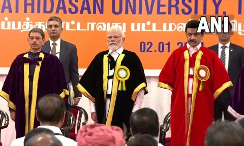 PM Modi, CM Stalin and Governor Ravi at the convocation ceremony. ANI