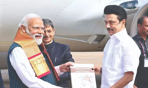 Chief Minister MK Stalin welcoming PM Modi
