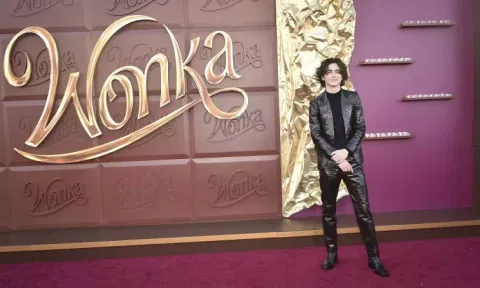 Timothee Chalamet arrives at the premiere of "Wonka" (AP)
