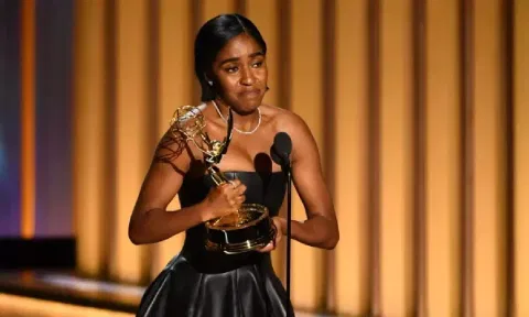 Ayo Edebiri accepts her award onstage during the 75th Emmy Awards in Los Angeles. (AFP)