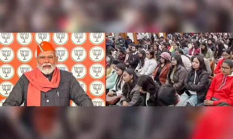 PM Narendra Modi interacts with first time voters at the 'Nav Matdata Sammelan' on Thursday. (PTI)