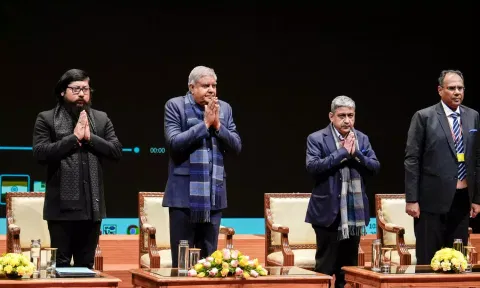  Vice President Jagdeep Dhankhar with MoS Sports Nisith Pramanik and the volunteers of National Service Scheme (NSS) who participated in the Republic Day Parade 2024 at Balayogi Auditorium in New Delhi on Saturday. (PTI)