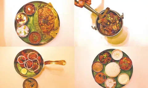 (Clockwise) Kizhi chicken biryani, Yercaud dorai curry, Kadamba pakoda with red chutney, and Non-veg meals