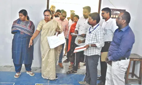 Vellore Collector VR Subbulaxmi inspect the ballot counting centre at Thanthai Periyar Government Engineering College in Bagayam