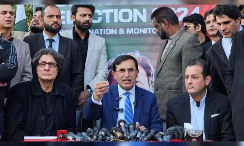 Chairman of Pakistani former PM Imran Khan’s Pakistan Tehreek-Insaf (PTI) party Gohar Ali Khan addresses a press conference at the party’s office in Islamabad on February 10. (Reuters)